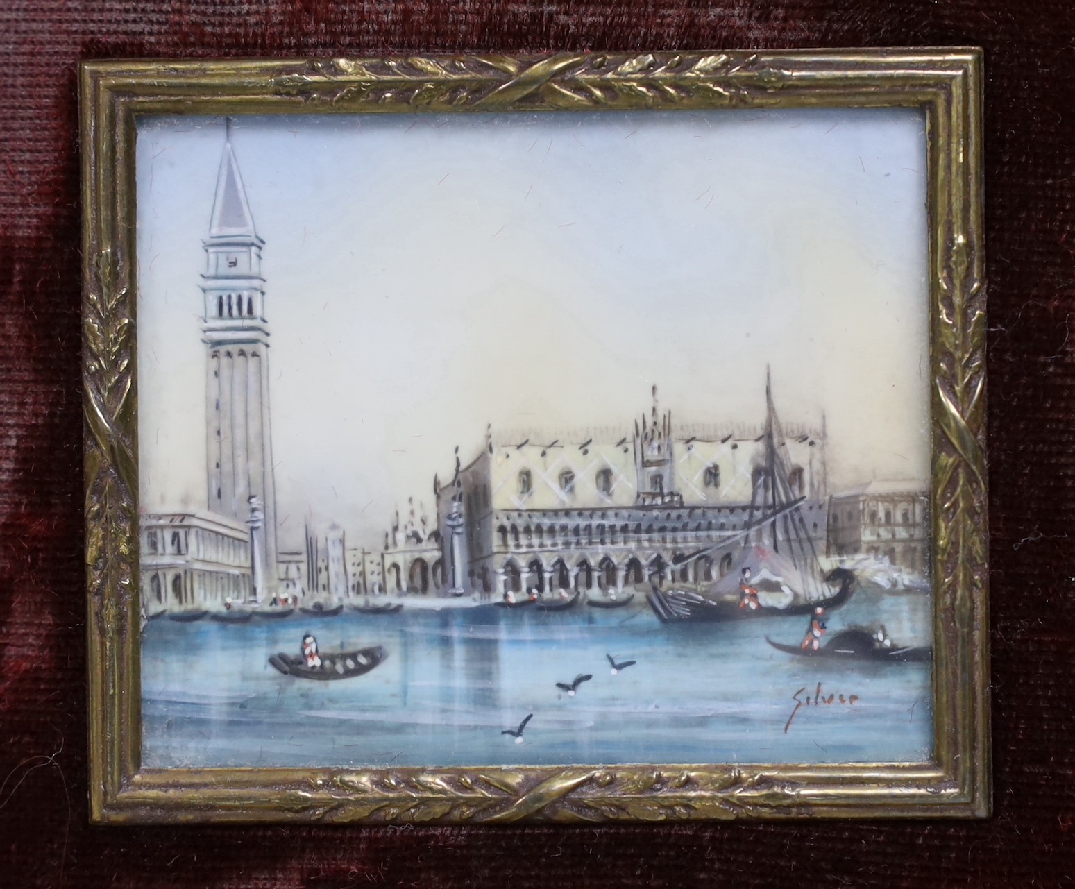 Two framed gouache on card, Venetian canal scenes, one signed. Largest 5x6cm excl frame